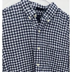 J Crew Navy‎ Blue White Slim Gingham Check Linen Blend Button Up Short Sleeve